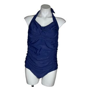 YONIQUE One Piece Blue Swimsuit Halter Tie Removable Soft Cups Plus Size 18W NEW